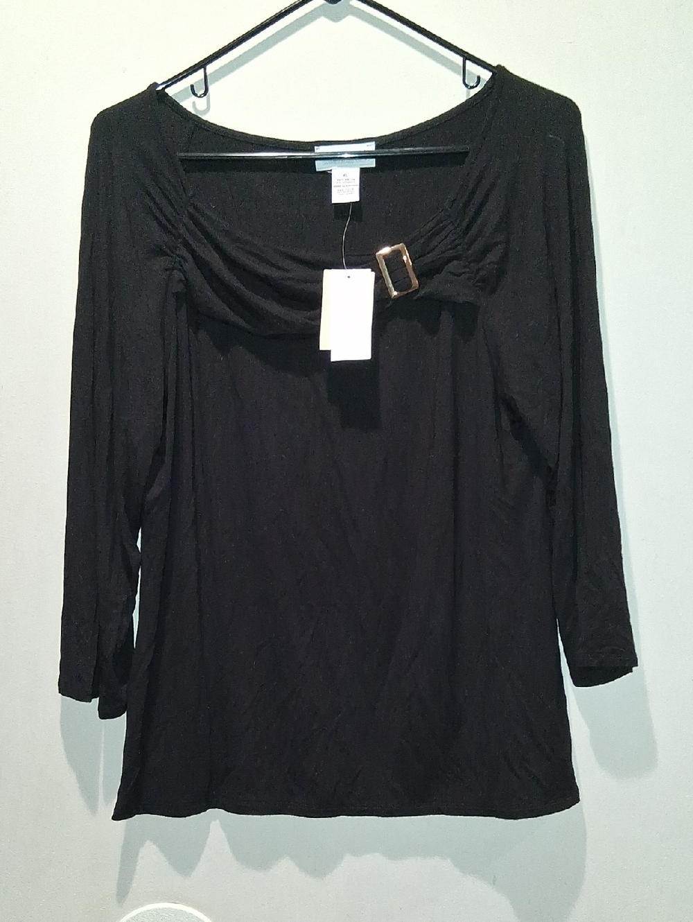 Carmen Marc Valvo Black Long Sleeve Top with Buckle Accent